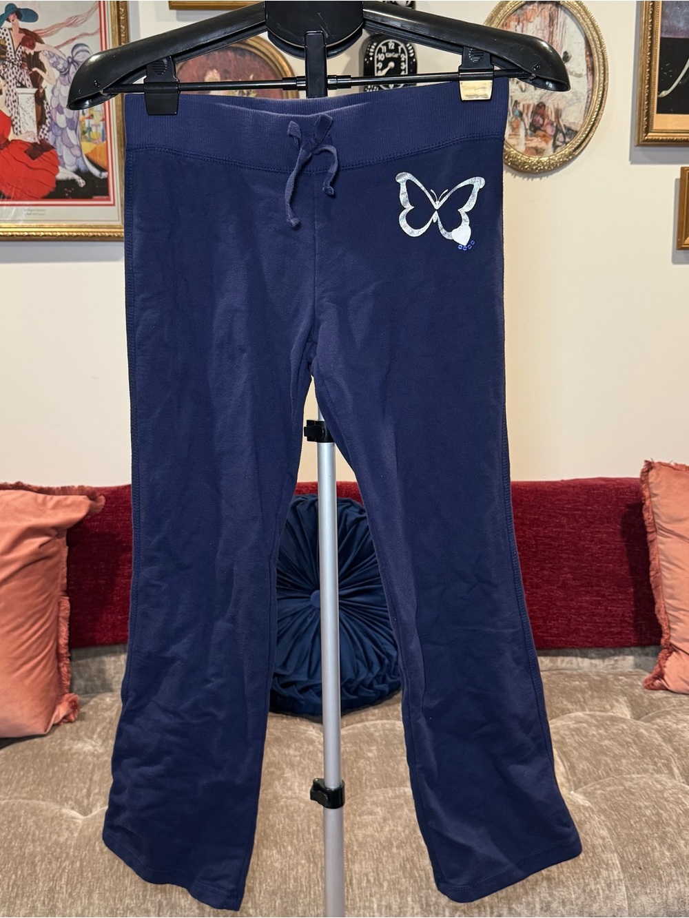 Girls Faded Glory Y2K Navy Butterfly Flare Lounge Sweatpants